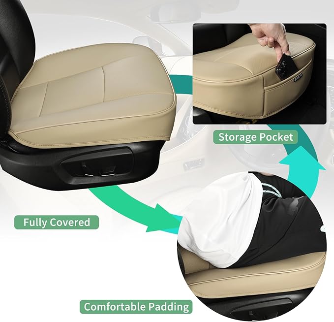 Luxury PU Leather Car Seat Cover Protector Front Car Seat Cover Seat Bottom Cover Single Seat Cover-Compatible with 90% Vehicles (Width 20.8× Deep21 × Thick 0.2 inch) (Beige)