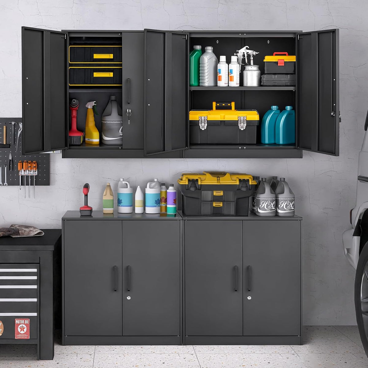 LUCYPAL Metal Storage Cabinets with 2 Doors and Handle,Steel Locking Storage Cabinet with Adjustable Shelves,Tool Cabinet for Office,Home, Garage (Black)