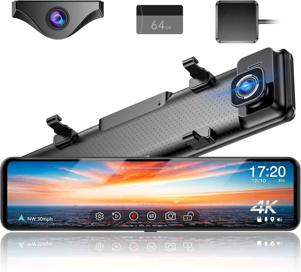 12" 4K UHD Mirror Dash Cam Front and Rear with Zoom Backup Camera, 2160P Dual Rear View Mirror Camera for Cars & Trucks, 64GB Card Included, GPS, WDR, Super Night Vision, Parking Assist & G-Sensor