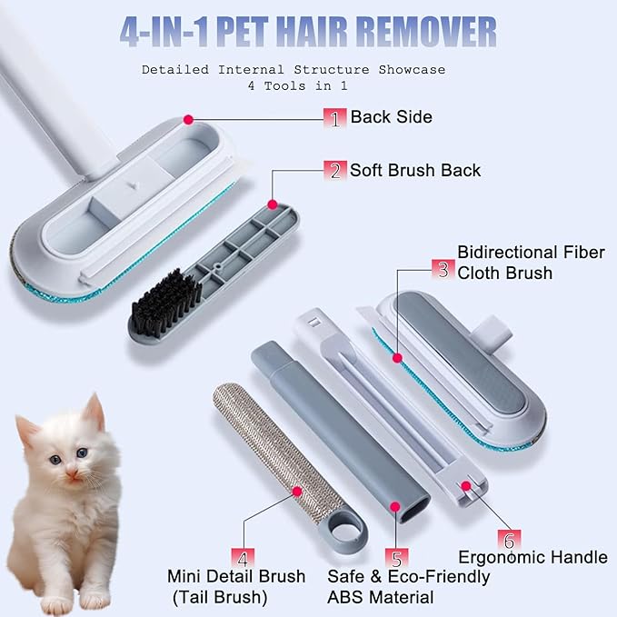 Cat Hair Remover 4-in-1 Multi-Functional Pet Hair Remover Brush,17.7Inch, Reusable Washable Lint Cleaner for Dog and Cat Hair, Gentle on Furniture, Sofas, Pet Beds, Bedding, Carpets, Clothing