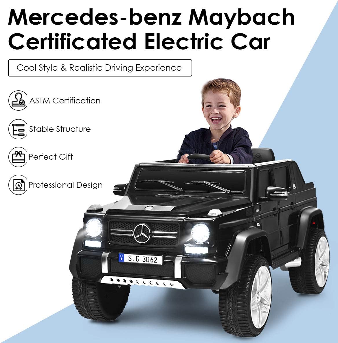 HONEY JOY Ride On Truck, Licensed Mercedes-Benz Maybach G650 Battery Powered Ride On Toys Car w/Remote Control, LED Lights, Music, Slow Start, 12V Electric Cars for Kids, Gift for Boys Girls (Black)