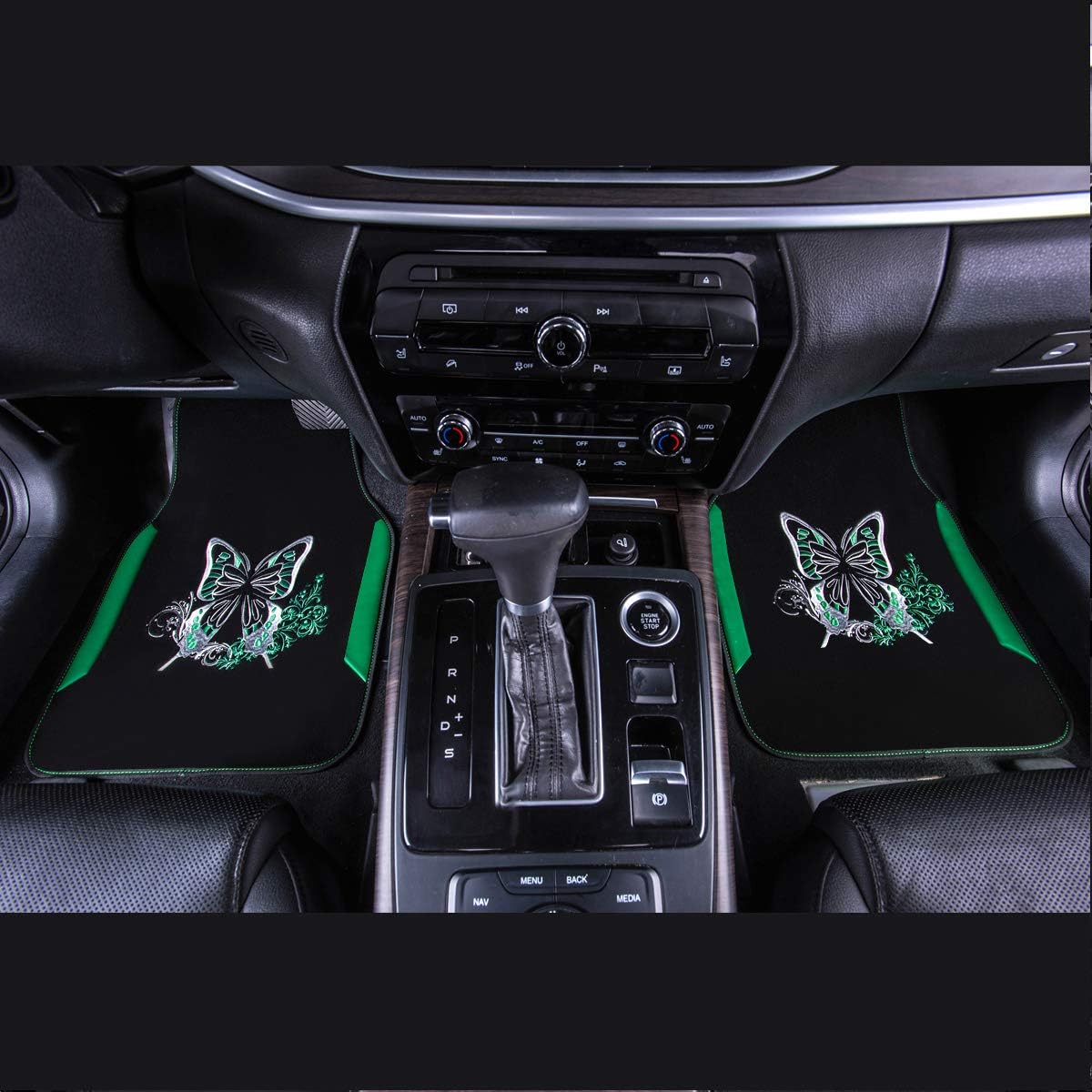 CAR PASS Embroidery Butterfly Car Floor Mats, Green Carpet Floor mats with Heel Pad, Universal Fit for Suvs,Sedans,Trucks,Cars, Set of 4 (Black and Green)