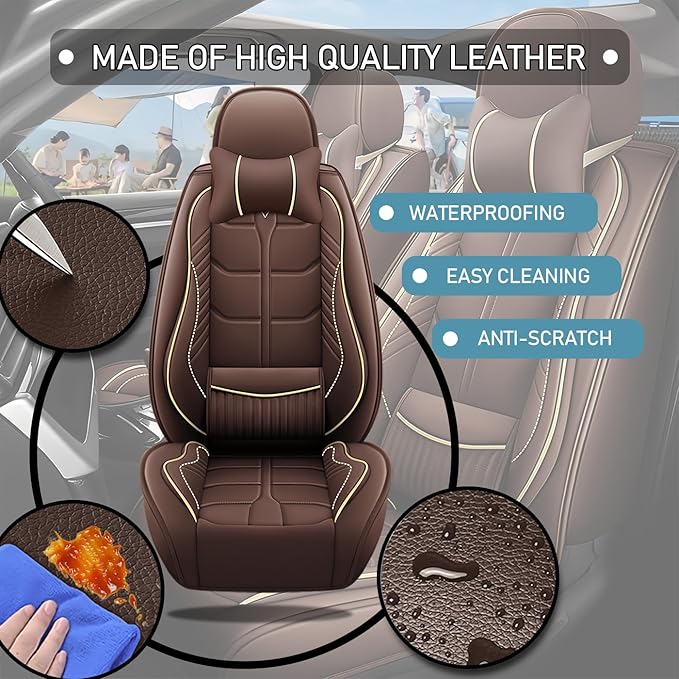 Leather Car Seat Covers Fit for Toyota Corolla Hybrid 2020-2024, 5 Seater Car Seat Cover, Premium Waterproof, Scratch Resistant Car Interior Accessories (Full Set with Pillow Coffee)