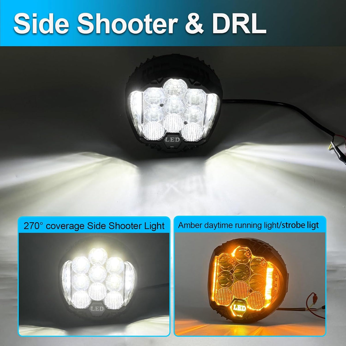 LIGBT 2PCS 7 Inch Round LED Offroad Light with DRL 90W LED Off Road Lights Super Bright Driving Spot Light Bar with Amber DRL Side Shooter Lights Waterproof 12V 24V for Pickup Trucks SUV UTV