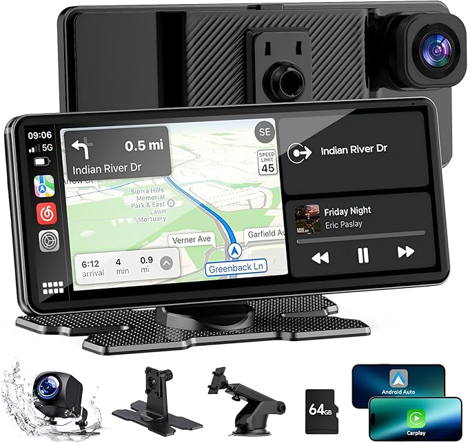 6.86" Wireless CarPlay Screen for Apple Carplay and Android Auto, Dual Dash Cam 2.5K Front 1080P Rear Recording, Voice Control, GPS Navigation, Mirror Link, Bluetooth, FM, AUX, Fits Most Cars