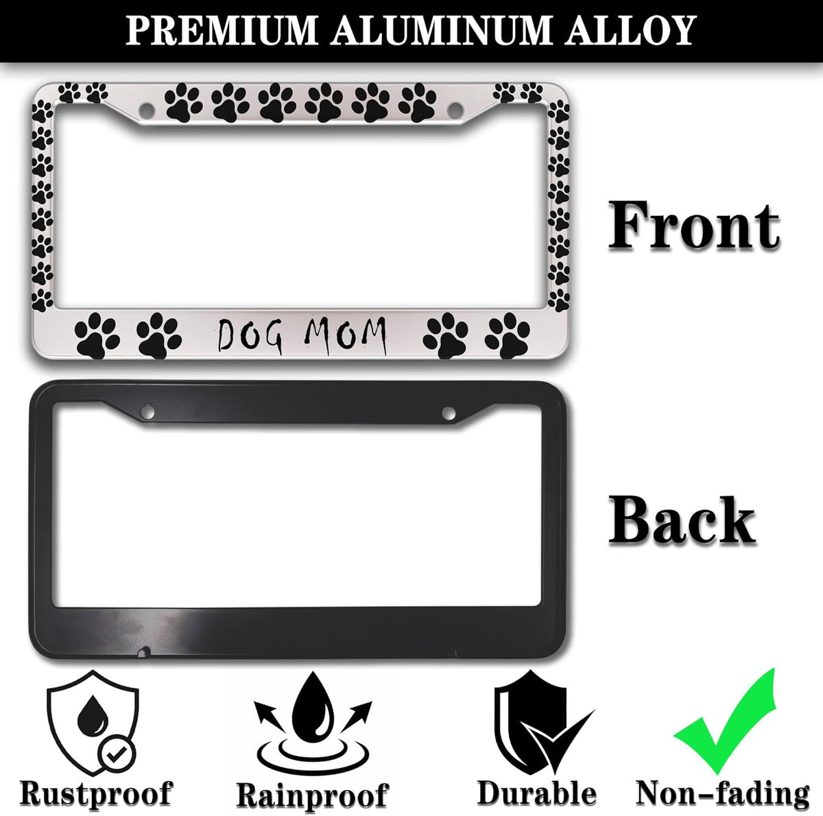 Fun License Plate Frame Cover Black and White License Plate Frames Dog Mom Dog Lover Aluminum Metal Car Accessory 2 Pack with Screw Covers Set