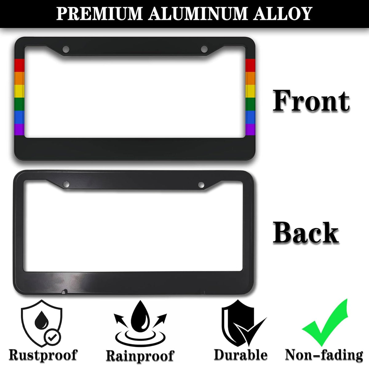 License Plate Frames Rainbow Automotive Exterior Accessories Gay Rainbow Strip Universal Aluminum Car Accessory 2 Pack with Screw Covers Set