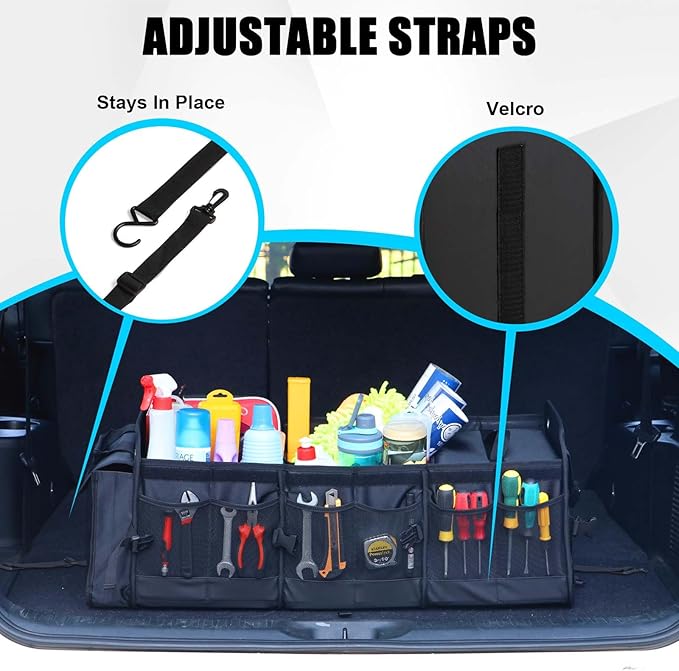 Large Trunk Organizer for Car, SUV, Truck with Removable Cooler Bag-Collapsible Multi Compartments w/Foldable Cover, Non Slip Bottom Cargo Storage (Black)