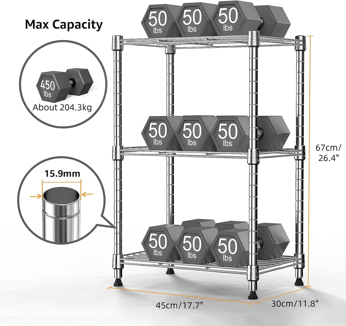 450 lbs Wire Storage Shelving 3-Tier Utility Shelving Unit Steel Organizer Wire Rack for Home,Kitchen,Office,Chrome(11.8" D x 17.7" W x 26.4" H)