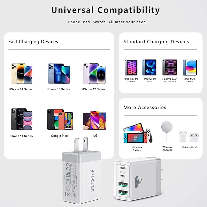 [2-Pack] USB C Wall Charger, 40W Fast USB C Charger Block, 4-Port PD Power Adapter + QC Wall Plug Multiport Type C Charging Block Cube Compatible with iPhone 16 15 14 13 12 11 Pro Max XR XS 8, Samsung