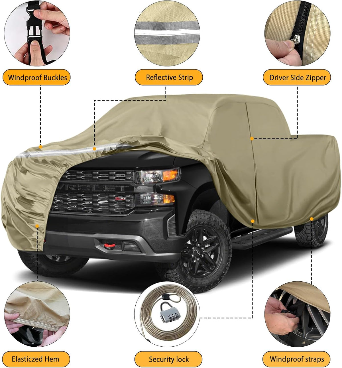 Waterproof Truck Covers Replace for Ford F150 / Dodge Ram 1500 CrewCab 6.5 ft, Multilayer Heavy Duty with Cotton Liner Truck Cover with Zipper Door, Windproof Bands for Snow Rain Dust Protection