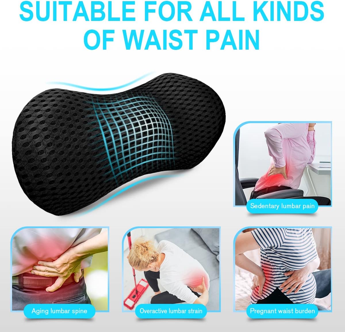 Lumbar Support Pillow for Office Chair, Memory Foam Lumbar Pillow for Lower Back Pain Relief (Oval Black)