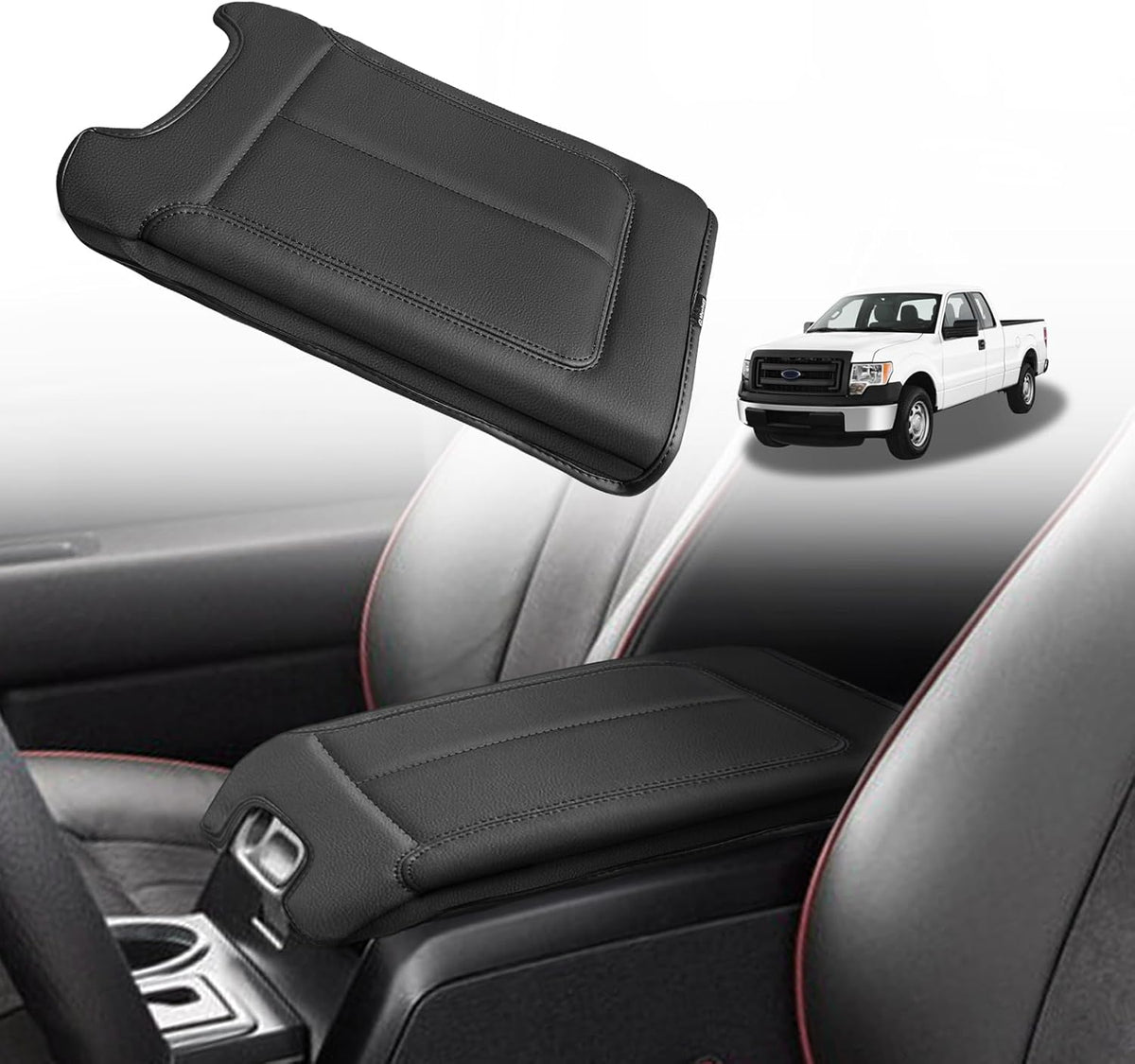 Muslogy Center Console Armrest Cover Compatible with Ford F-150 F150 2009-2014 Comfort Armrest Pad Arm Rest Cushion Vegan Leather Protector Regular Thick(Bucket Seat ONLY)