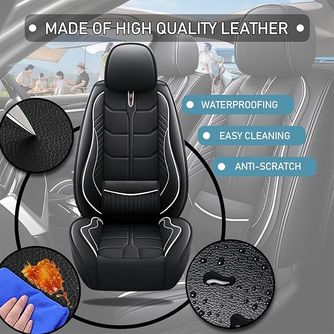 Leather Car Seat Covers Fit for Toyota RAV4 EV 2012-2013, 5 Seater Car Seat Cover, Premium Waterproof, Scratch Resistant Car Interior Accessories (Full Set Black White)