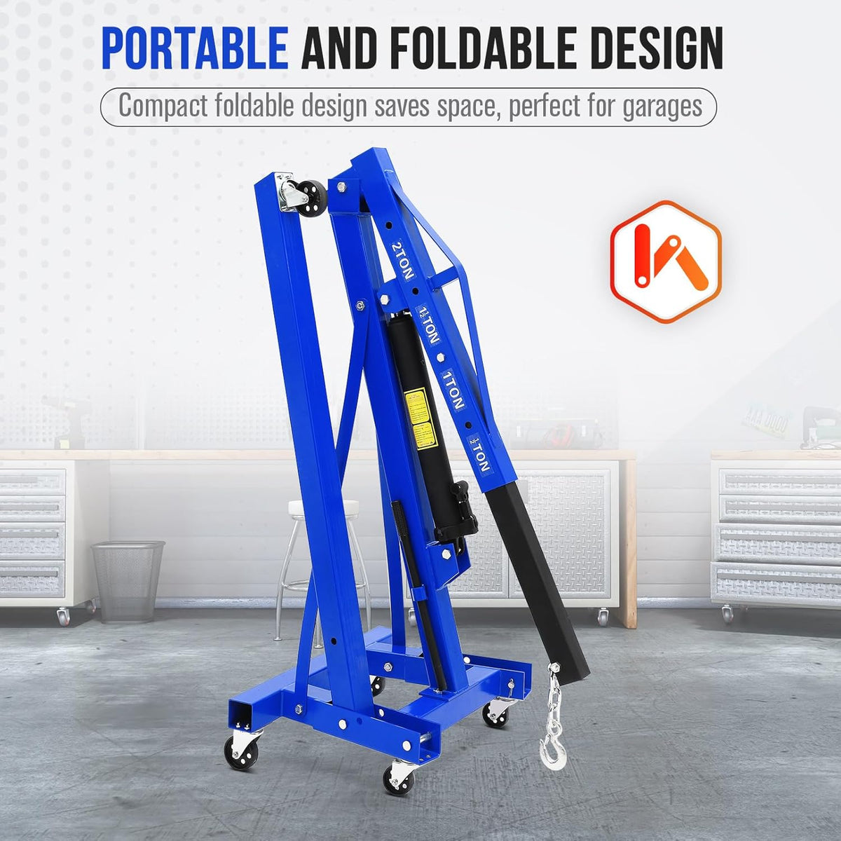 2 Ton Hydraulic Engine Hoist with Lever Stabilizer , Cherry Picker Engine Hoist, 4400LBS Heavy Duty Garage Crane with 6 Swivel Casters & Adjustable Telescopic Boom, for Auto Repair & Workshop (Blue)