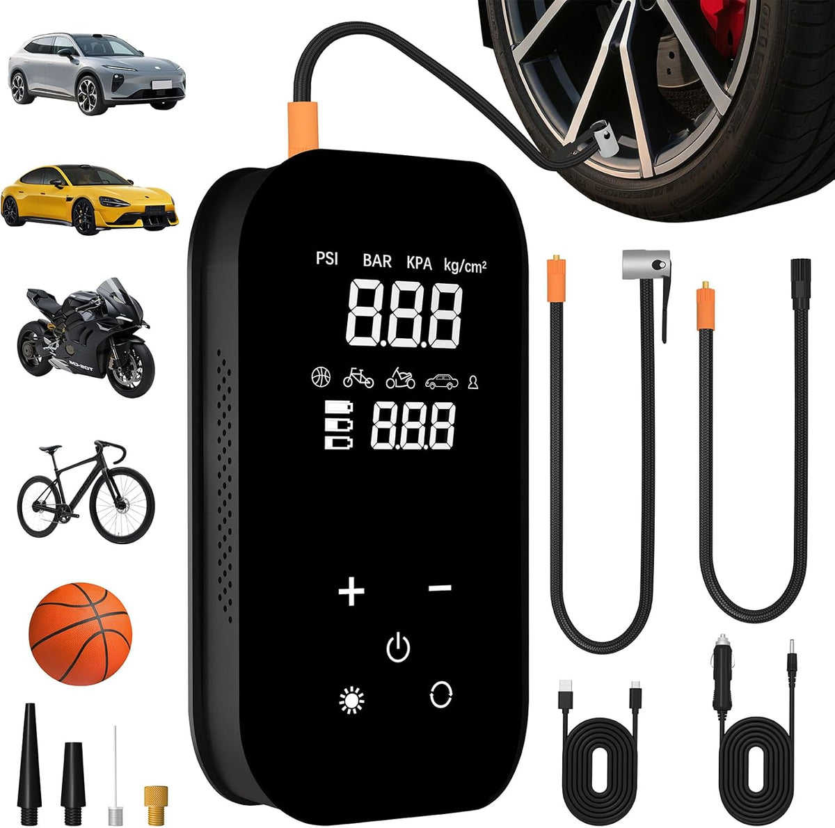 Tire Inflator Portable Air Compressor, 6X Faster 150 PSI 12000mAh Battery Air Compressor, Dual Digital Display Air Pump with Lighting - Portable Tire Inflator for Car, Bicycle, Auto Shut-Off