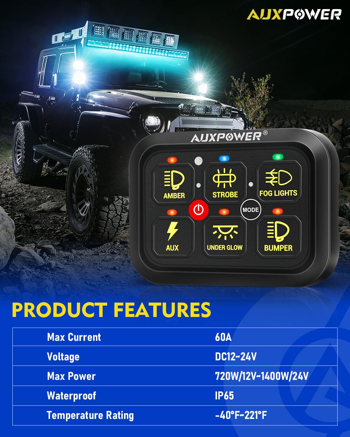 Auxpower 6 Gang Switch Panel Toggle Momentary Pulsed Led Switch Panel RGB Dimmable Switch Panel Auxiliary Circuit Control Relay System Automotive Switch Panel for Truck Boat Car(RGB A26 Switch Panel)