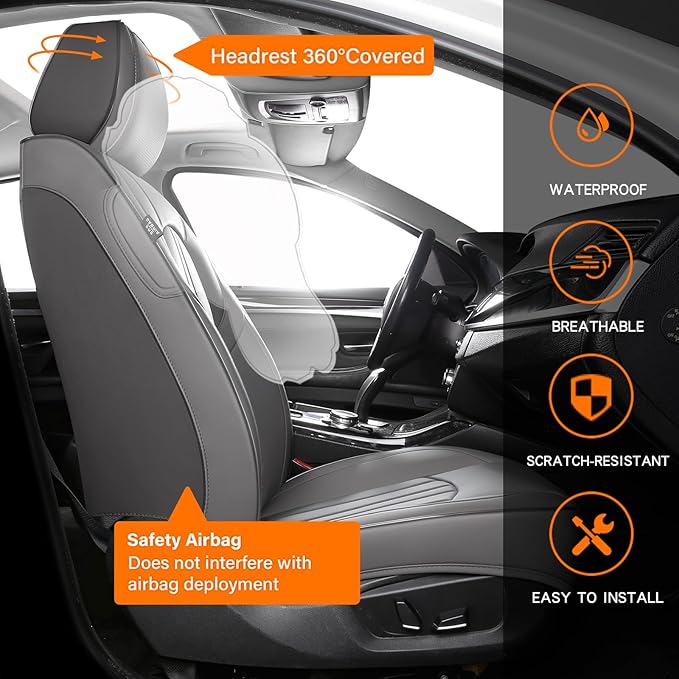 Car Seat Covers Full Set, 5 Seats Comfortable Faux Leather Seat Covers for Cars, Waterproof Automotive Seat Covers, Luxury Universal Fit Seat Covers for SUV, Sedans, Pick-up Trucks (Gray)