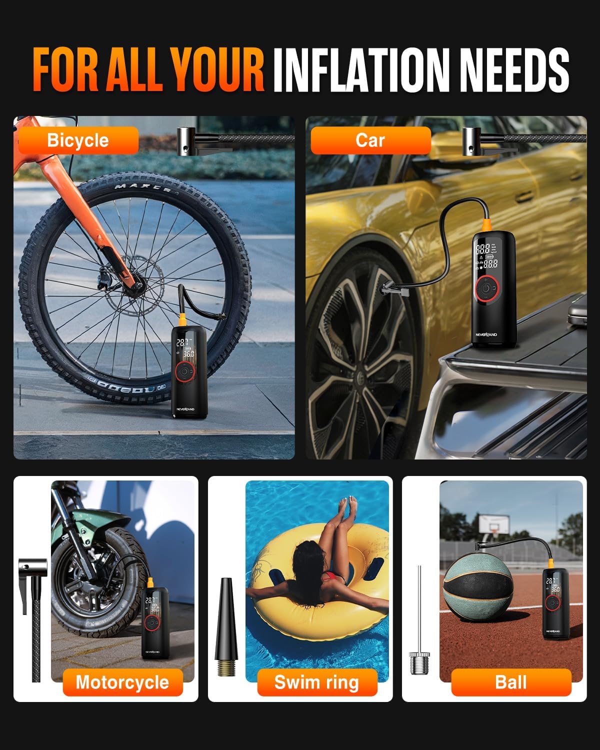 NEVERLAND Tire Inflator Portable Air Compressor - Auto Portable Air Pump for Car Tires, 150PSI Electric Air Inflator for Car Tires, Bike, Bicycle, Motorcycle, Ball Inflation