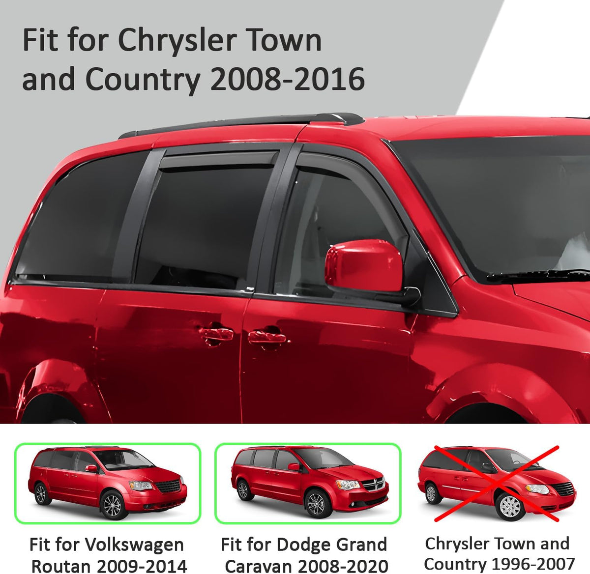 Voron Glass in-Channel Extra Durable Rain Guards for Chrysler Town and Country 2008-2016, Window Deflectors, Vent Window Visors, 4 Pieces - 200909