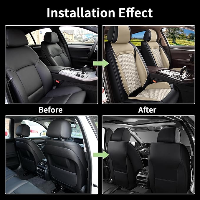 Car Seat Covers Front Seats for Nissan Kicks 2018-2025 2026, Breathable Cooling Ice Silk Leather Car Seat Covers, 2 Seats for Nissan Kicks Accessories (Black&Beige)