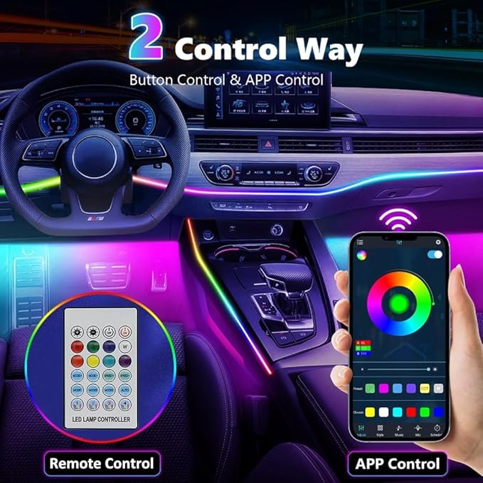 Acrylic Interior Car LED Strip Light with APP Remote Control,57in 2 in 1 USB RGB Dreamcolor Neon Flexible Strip Fiber Optic LED Ambient Lighting Kits,RGB Music Lights Sync for Inside car Decorations