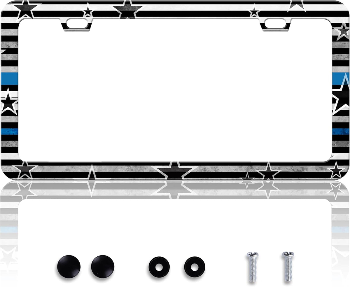 American Flag Blue Line License Plate Frame Star Flag License Plate Frames Personalise Stainless Steel Funny Design Compatible With Standard License Plate Holder For Usa Canada 6 X 12 Inch With Screws