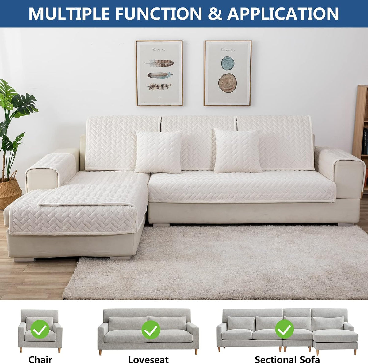 Eismodra Couch Cover,Sectional Couch Covers,Sofa Covers for 3 Cushion Couch,Anti-Slip Sofa Slipcovers for Dogs Cats Kids Loveseat Recliner L Shaped Armrest Backrest,White 43''x70''(Only 1 Piece)