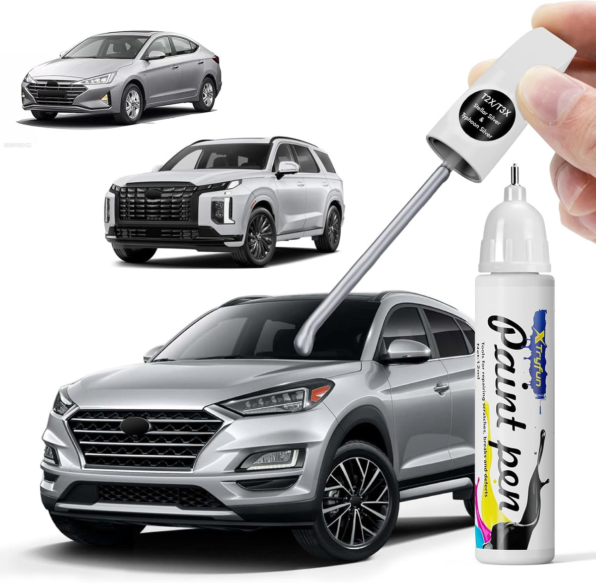 Stellar Silver/Typhoon Silver (T2X/T3X) Touch Up Paint Compatible with Hyundai, DIY Car Paint Scratch Repair, Automotive Paints, Quick & Easy Fix Scratch Repair for Tucson/Elantra/Venue/Ioniq