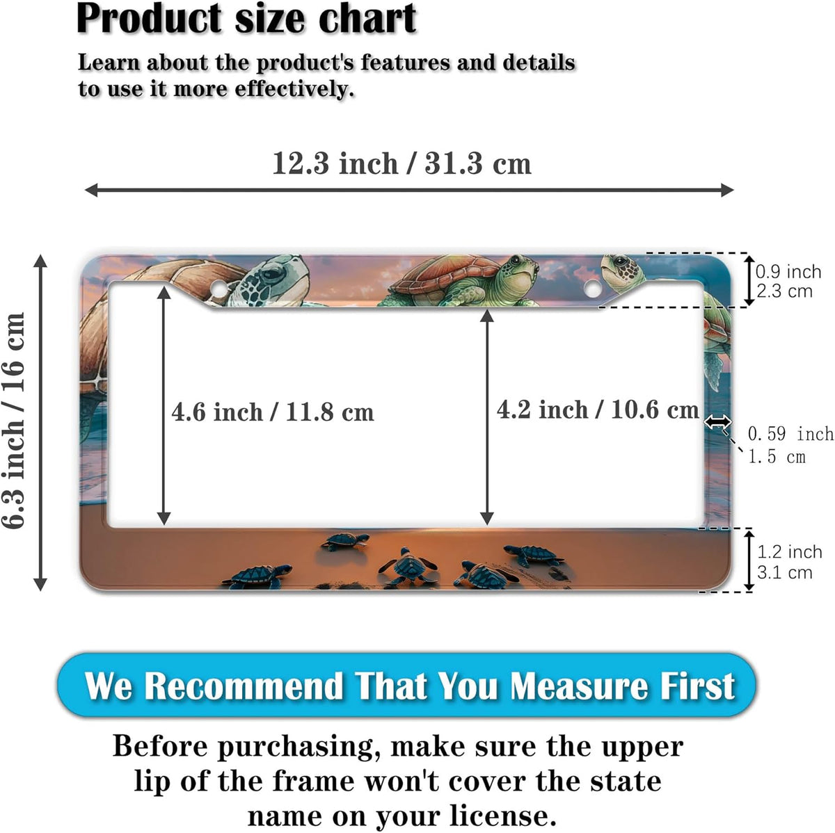 License Plate Frames Multicolor Fun License Plate Frame Protector Turtle Beach and Ocean Universal Aluminum Car Accessory 2 Pack with Screw Covers Set