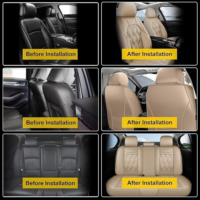 AOMSAZTO Car Seat Cover Full Set Fit for GMC Yukon 2007-2026 Leather Car Seat Cushion Protector Compatible Airbag Waterproof Automotive Seat Covers Full Set 5 Seats Beige
