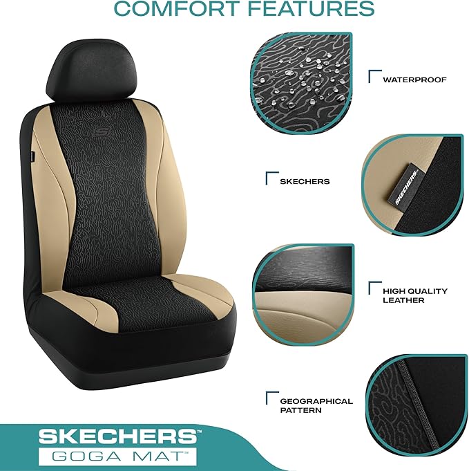 Skechers Car Seat Covers,Leather Seat Covers with GOGA Mat Technology,Waterproof Car Seat Covers Front Seats,Airbag Compatible,Comfort Universal Fit for Most Cars,Vans,Trucks,SUVs,Beige