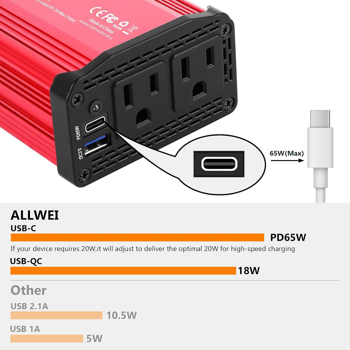 ALLWEI 300W Car Power Inverter with 65W USB-C and 3.0 USB Port - DC 12V to 110V AC Power inverters for Vehicles Converter Fast Charging Ports Car Charger Adapter (Red)