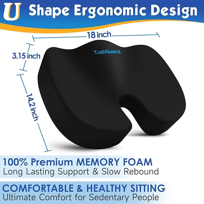 TushGuard Seat Cushion for Office Chair Memory Foam Non-Slip Desk Seat Cushion Back, Coccyx, Sciatica, Tailbone Pain Relief Butt Pillow for Office Chair, Car, Wheelchair, Black