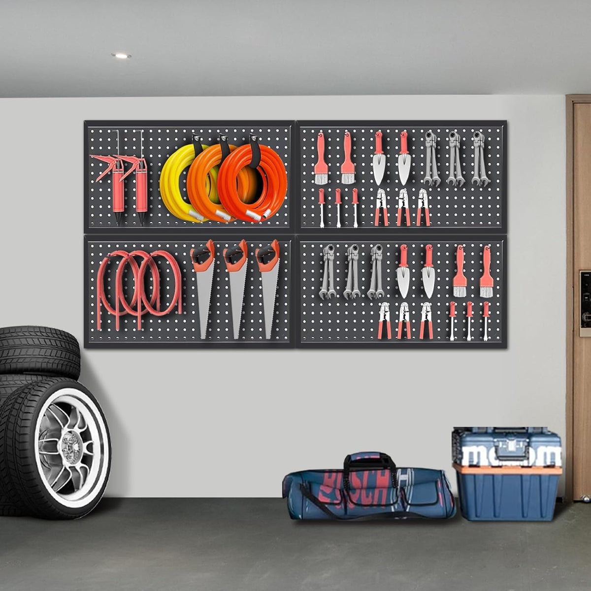 48x24 Inch Metal Pegboard Wall Organizer, Black Pegboard Panels Tool Organizer Kit with Accessories Hooks and Bins, Peg Board Utility Tool Storage for Garage Workbench Shed