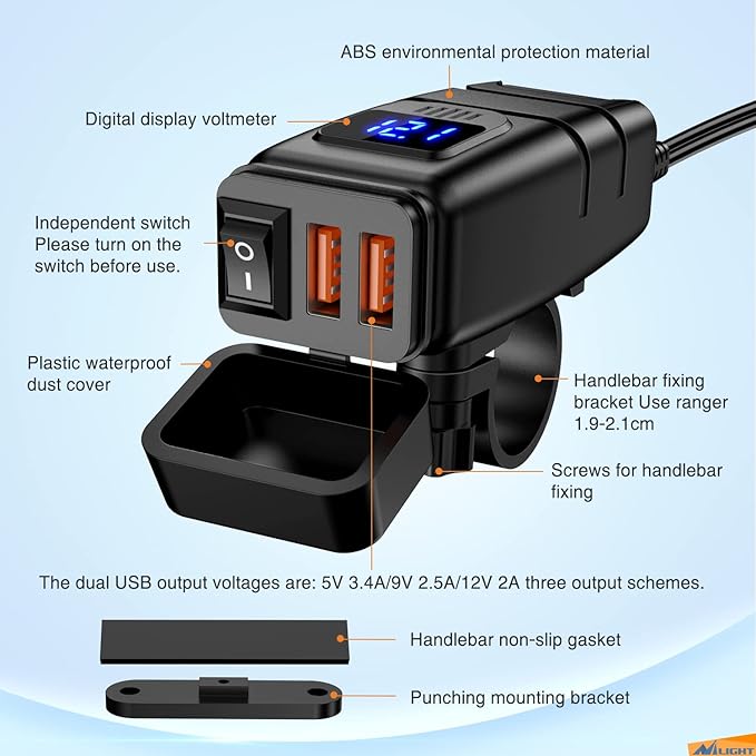 Nilight Motorcycle Charger with 12V Voltmeter Independent On Off Switch SAE USB Adapter Inline 10A Fuse Waterproof 6.8A Dual QC3.0 Fast Charging Phone Tablet for 7/8inch Handlebar ATV