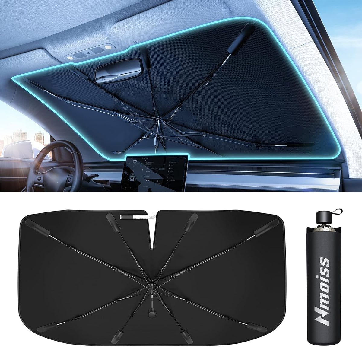 [2025 Upgrade] Nmoiss Windshield Sun Shade Umbrella - [Vinyl Coating Heat Shield] Protect Car from Sun Rays & Heat Damage Keep Cool and Protect Interior, Spring Structure Edge Medium 56" L x 31" W