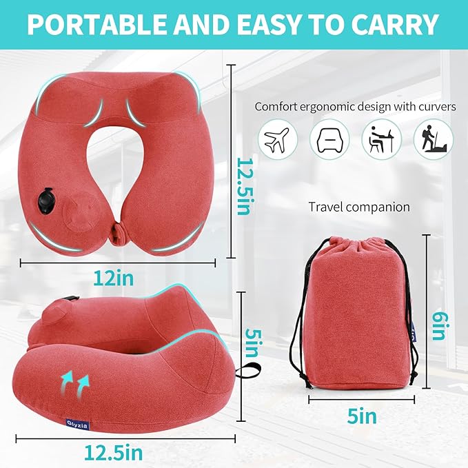 2 Pack Inflatable Travel Neck Pillows for Airplanes, Head Support Velvet Adult Neck Pillows for Long Flight, Kit with Eye Mask, Earplugs and Storage Bag, 2, Rose Pink