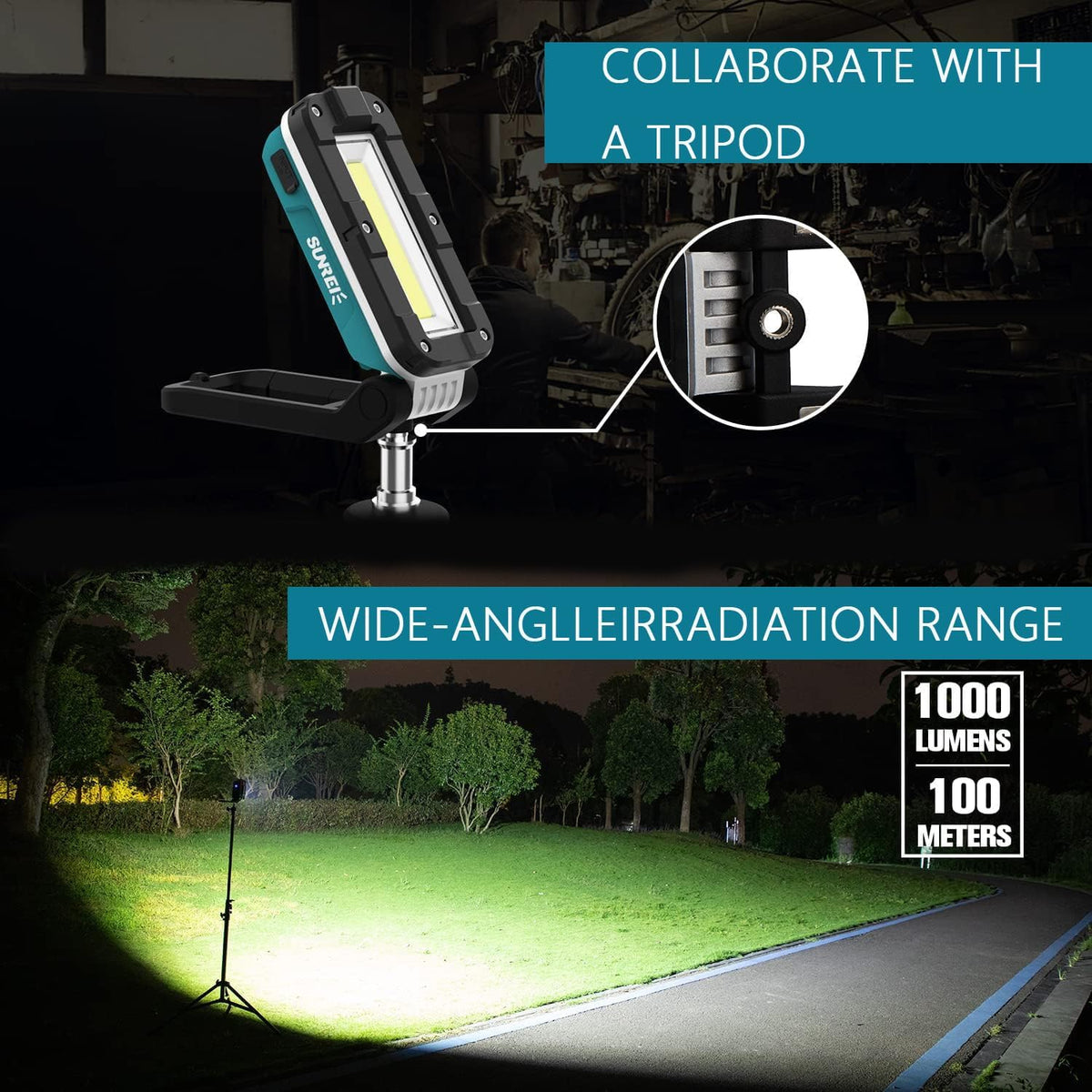 SUNREI LED Rechargeable Magnetic Work Lights COB Mechanic Lights,1100 Lumens, Magnetic Base & Hanging, 7Mode, Magnetic Flashlight Job Site & Security for Car Repair, Emergency, Gift for Men
