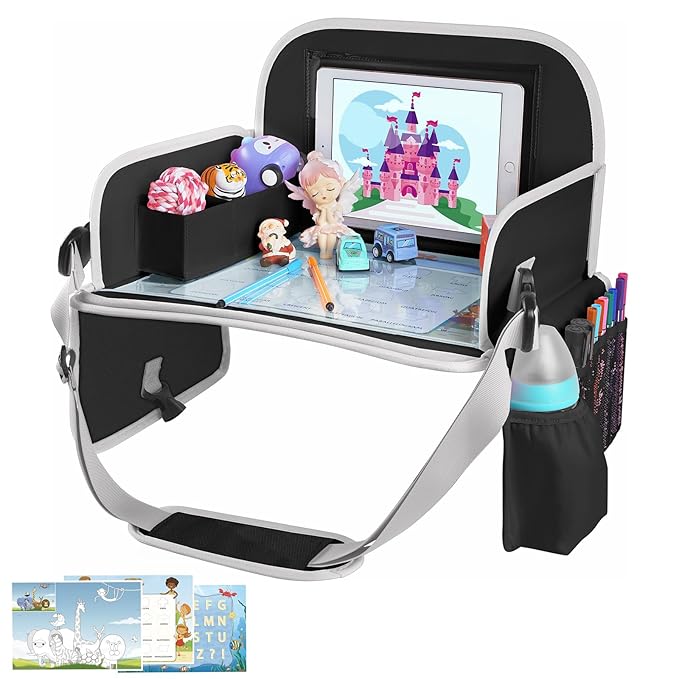MENZOKE Kids Travel Tray for Toddler Car Seat, Toddler Gift for Boy Activities with Dry Erase Board & iPad Holder Stand, Road Trip Essentials Accessories Lap Tray for Boy as Birthday Gift, Black