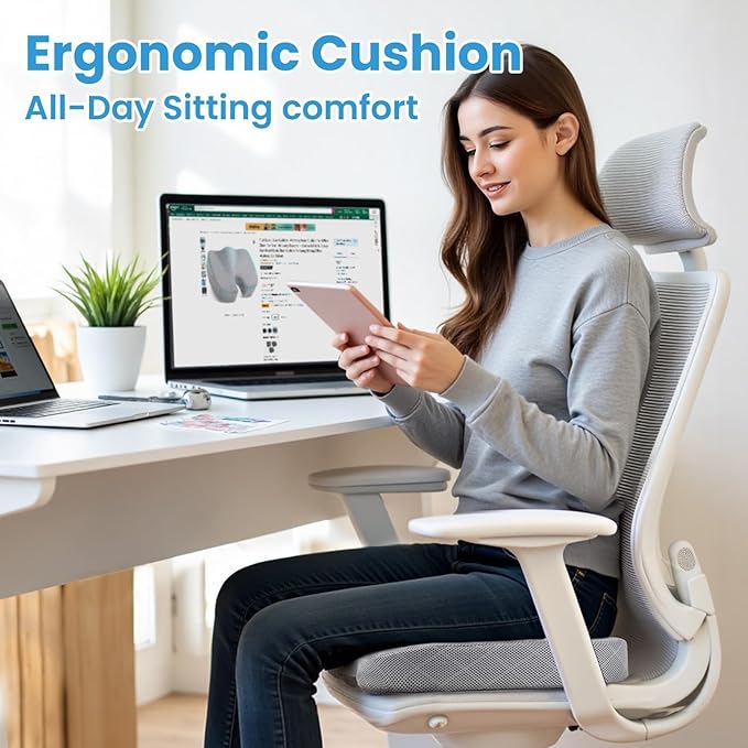 TushGuard Office/Car Seat Cushion, Non-Slip Sciatica & Back Coccyx Tailbone Pain Relief Chair Pad, Memory Foam Butt Pillow for Computer Desk, Wheelchair, Driving (Light Grey, X-Large)