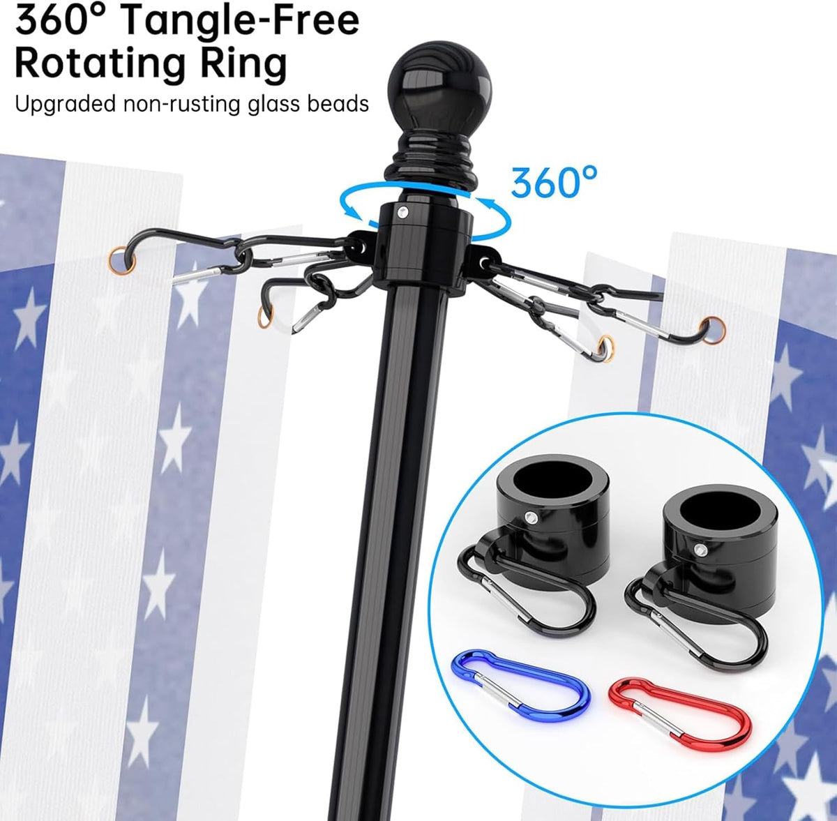 ZMTECH Flag Pole - Upgraded Bracket, (2 Packs) 6 FT Stainless Steel Flag Poles for Outside House, Residential or Commerical, Tangle Free Flag Pole Kit for American Flag (Without Flag, Black)