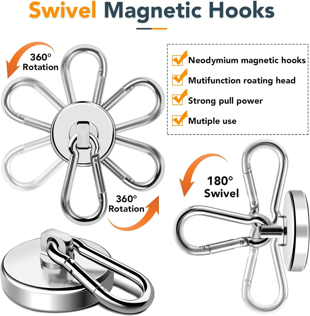 MIKEDE Strong Magnetic Hooks, Heavy Duty 110LBS+ Swivel Neodymium Magnets with Carabiner Hook, Hooks for Hanging, Curtain, Home, Workplace - 6 Pack