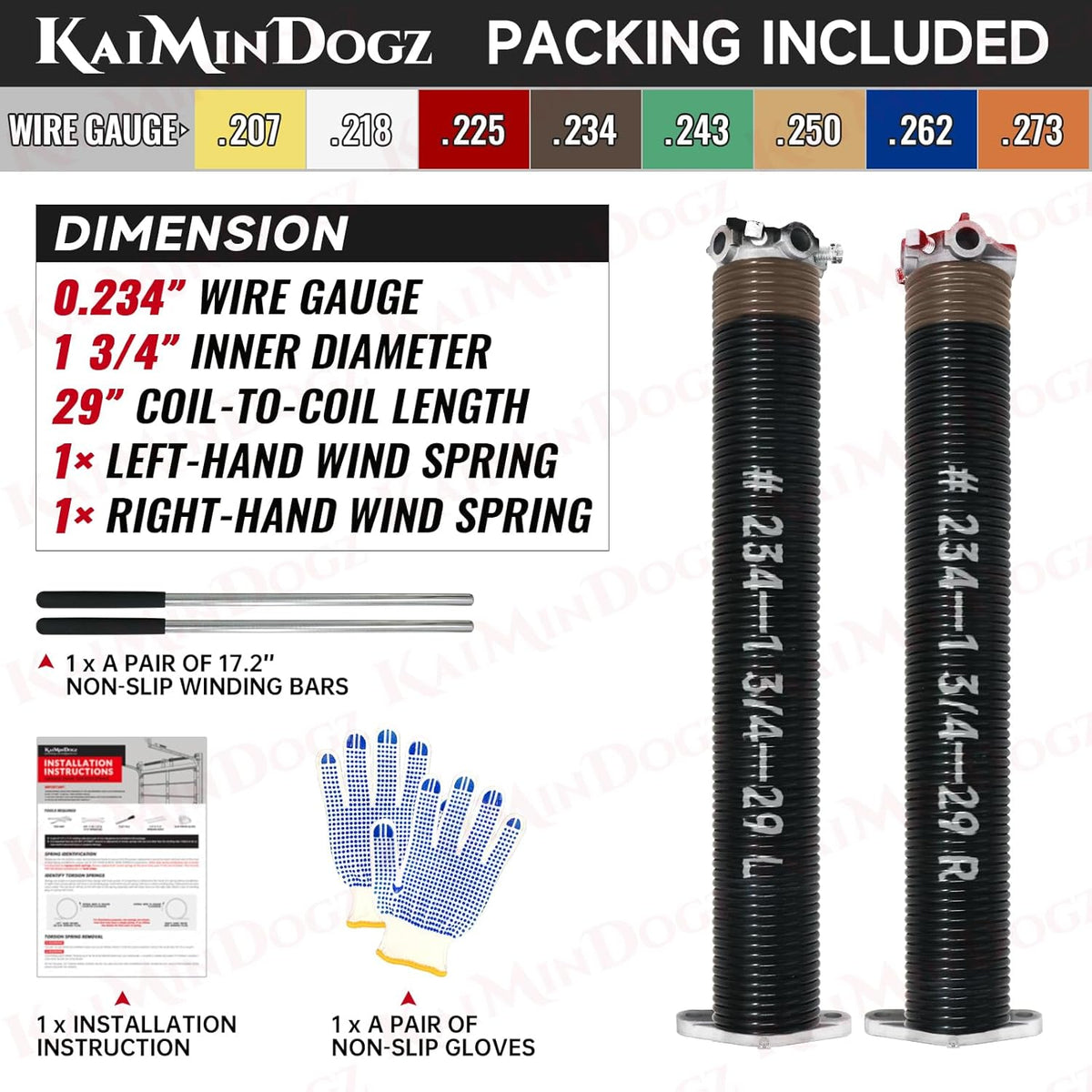 Pair of 1.75" Garage Door Torsion Springs Set with Non-Slip Winding Bars&Gloves, High Precision Electrophoresis Oil-Free Black Coated for Replacement, MIN 16,000 Cycles (0.234 x 1.75"x 29")