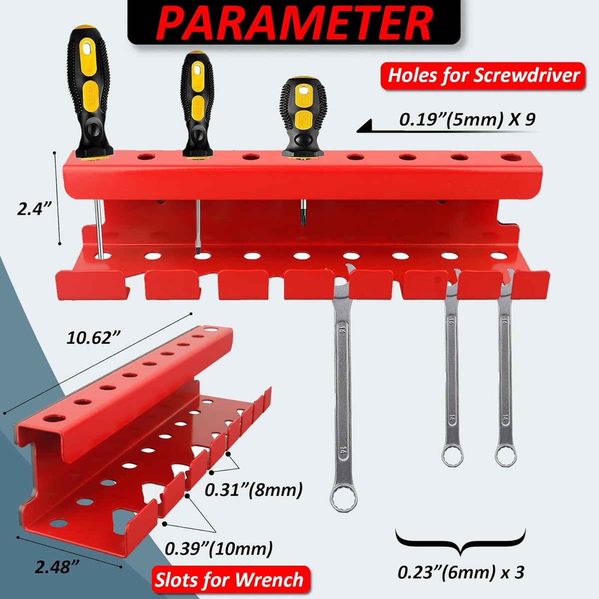 MUTUACTOR Magnetic Wrench Holder Heavy Duty,Anti-scratch Magnetic Mount Screwdriver Holders, 2 Layers Wrench Screw Drivers Holder for Work Bench Toolbox Tool Cart,1PCS,Red,9 Holes and 7 Slots