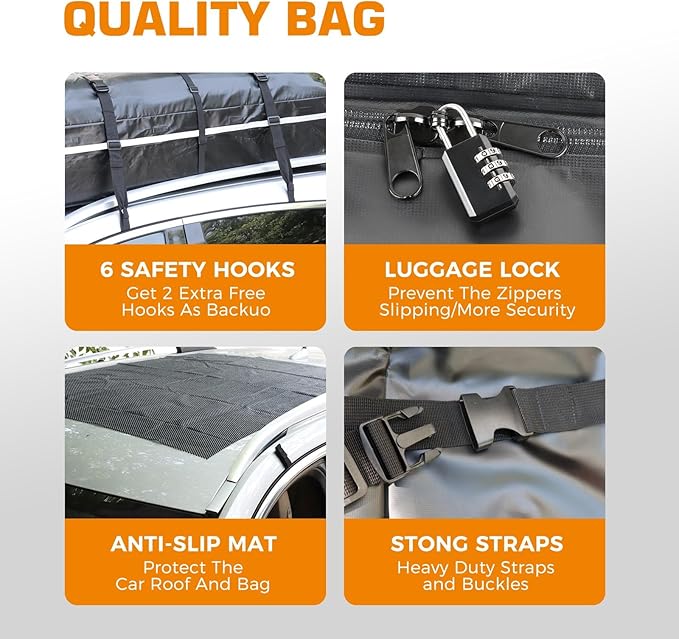 Kingfun Car Rooftop Cargo Carrier – Waterproof 20 Cubic Feet Car Roof Bag Fit All Vehicles with/Without Roof Racks, Includes Anti-Slip Mat, 8 Reinforced Straps & 6 Door Hooks, Luggage Locks（Black）