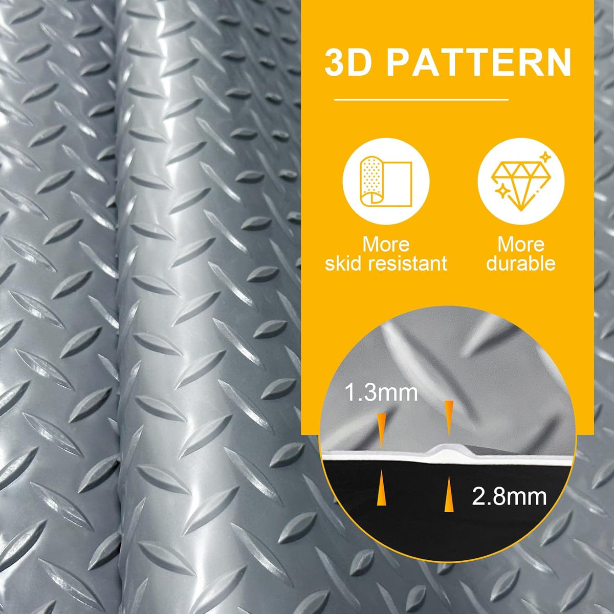 7.5x20 FT Garage Floor Mat, 2.8mm Thickened Flooring Roll with 20Pcs Tapes, Diamond Plate PVC Rubber Trailer Mat, Non-Slip Floor Protector Mat for Garage, Warehouse, Gyms, Trailer(Gray