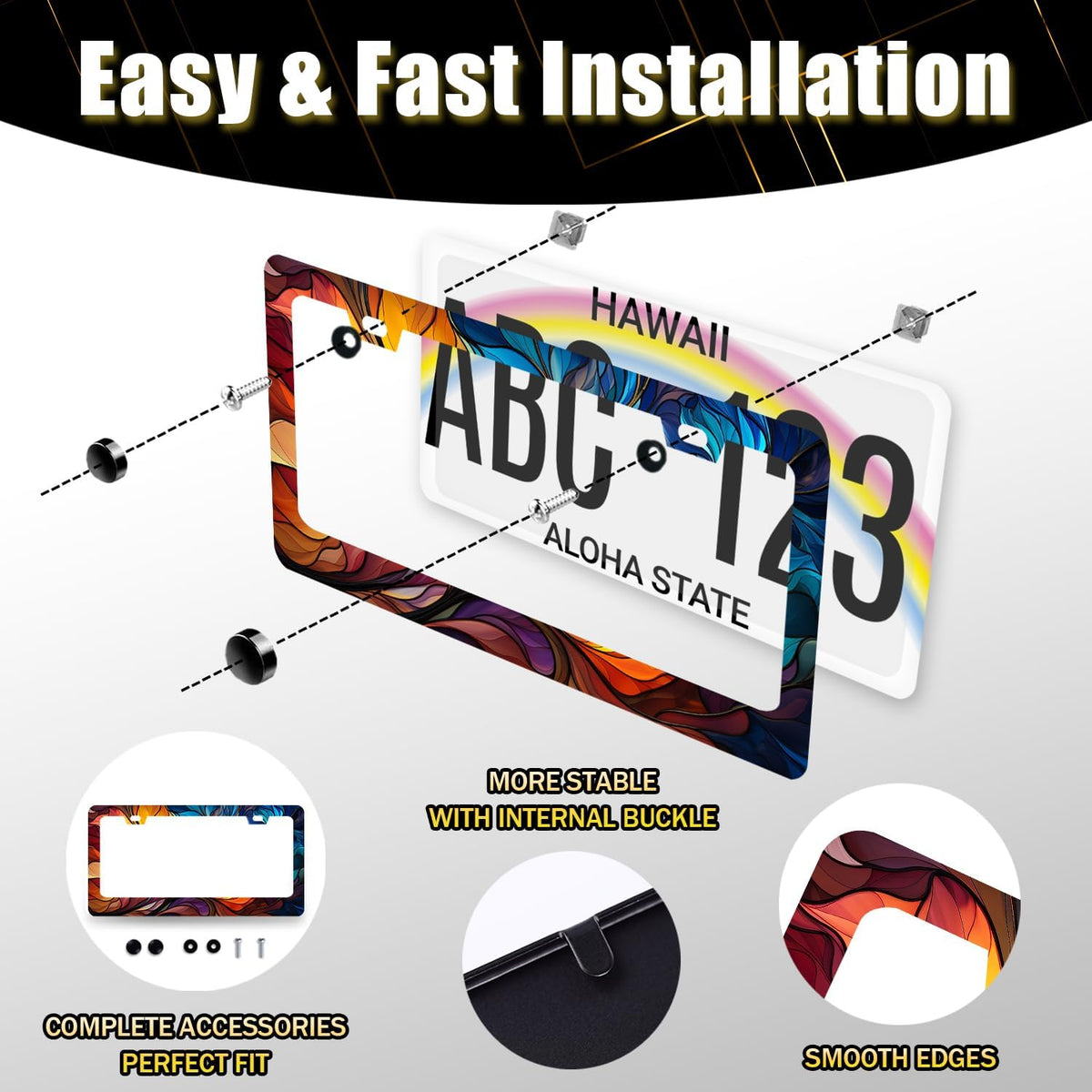 Abstract Leaf License Plate Frame Beautiful Leaves Floral License Plate Holder Stainless Steel Colorful Car Accessory Funny License Plate Decoration Size 12.2" x 6.2" with Screws