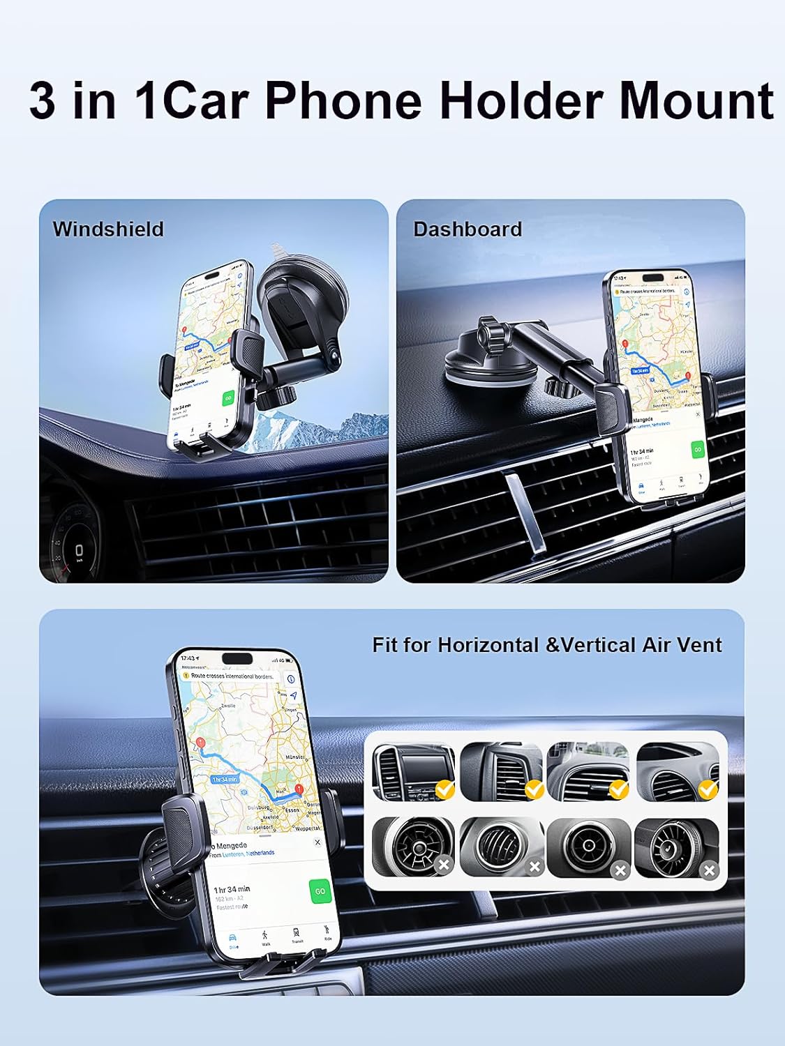 [Military-Grade 3-in-1 Blue Phone Holders for Your Car, [2025 Most Stable and Flexible Suction Cup] Vent Dashboard Windshield Cell Phone Mount Car Fit for All Phones, iPhone, Samsung