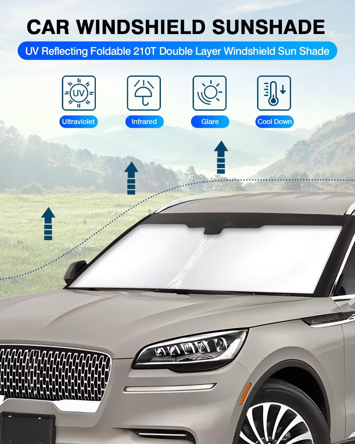 KUST Windshield Sun Shade for Lincoln Aviator Accessories 2020-2025 2026 Window Shade Sun Visor Cover Foldable Blocks UV Rays Keep Your Car Cooler